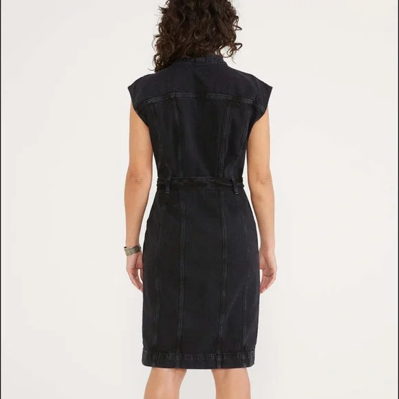 ETICA Issa Seamed Button-Front Denim Dress black denim v-neck midi - Picture 6 of 7